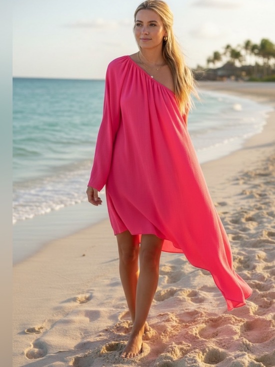 SHEIN Other - SHEIN Vacay Vibrant Pink One-Shoulder Asymmetrical Dress/Flowy Beach Cover-Up
